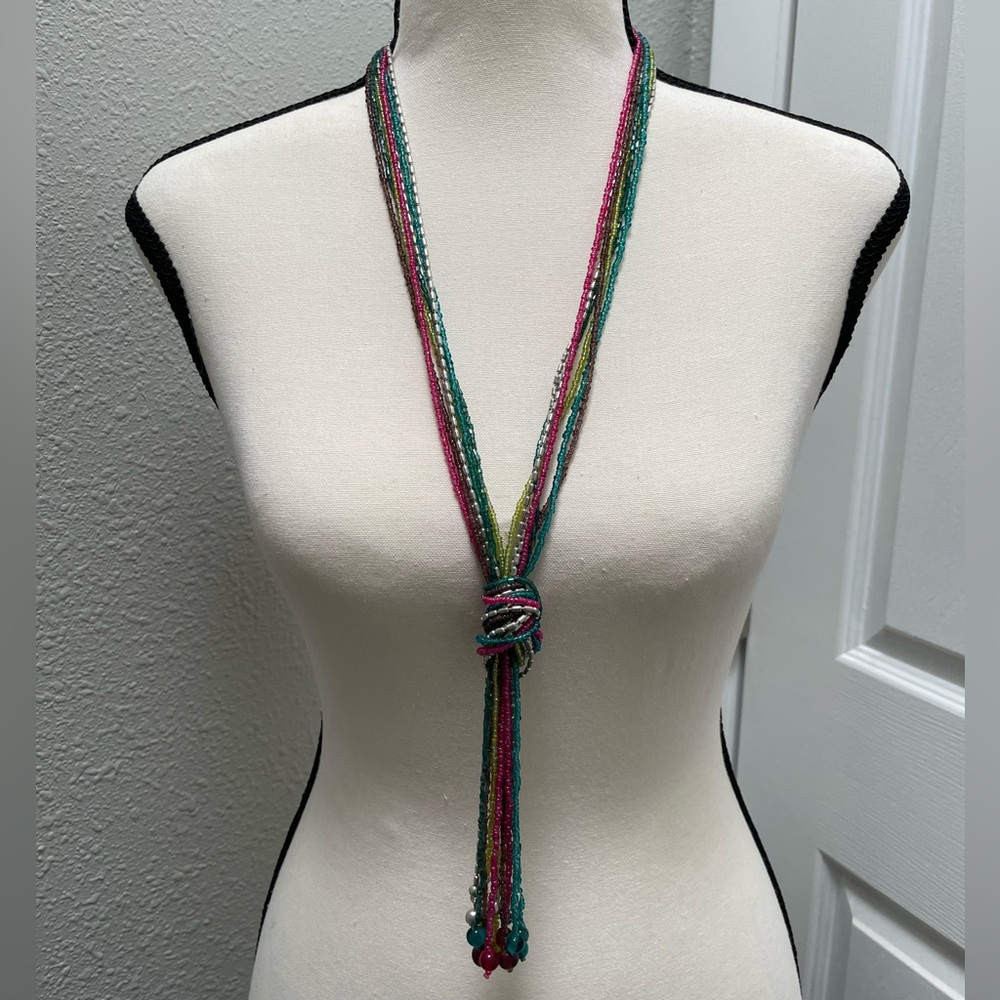 Beaded Necklace - Multicolored with Silver accents and clasp chain - EUC